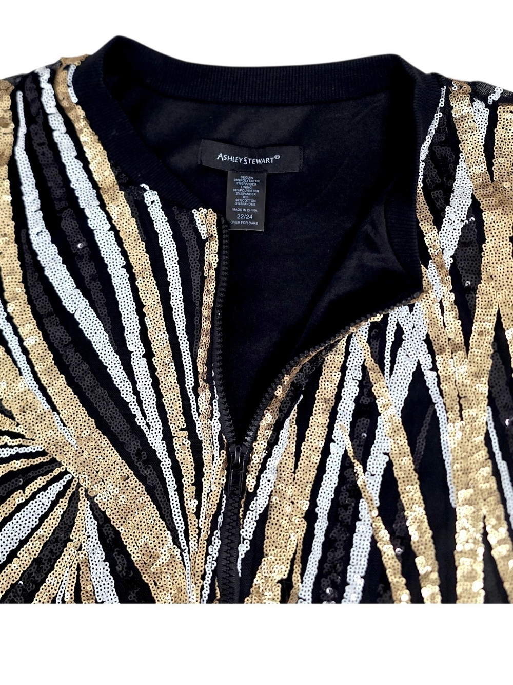 Ashley Stewart Black Sequin Bomber Jacket with Gold & Silver Stripes Plus 22/24 - Picture 3 of 9